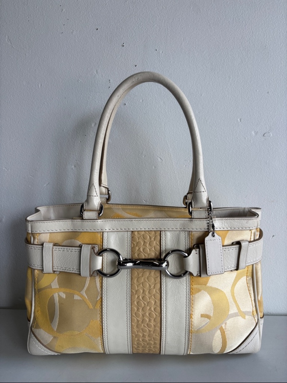 Vintage Coach Hampton Optic Yellow & Cream Signature Canvas Satchel